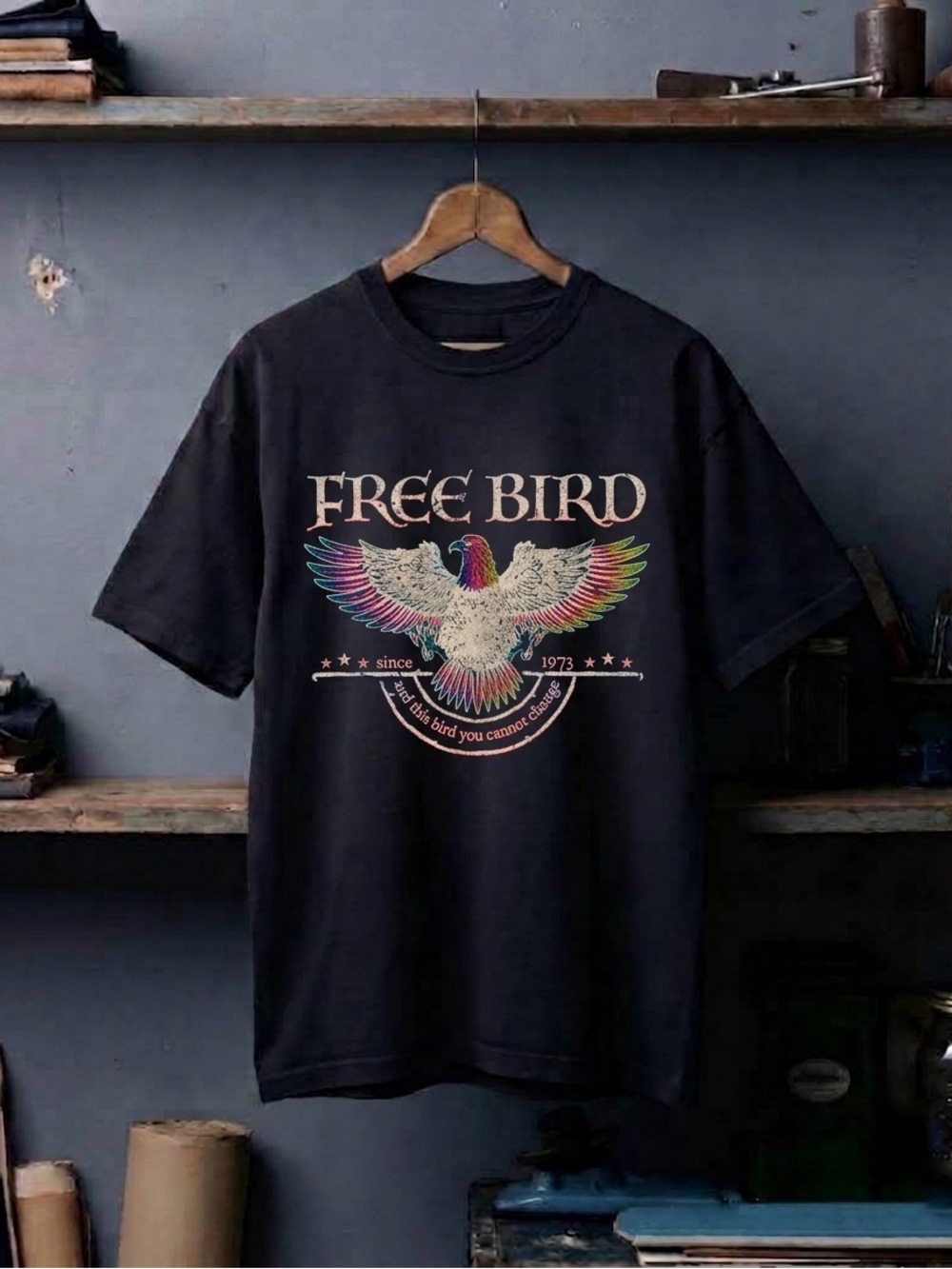 Freebird 1973 Shirt, Rock Music Black Tee with Rainbow Eagle Graphic - Unisex